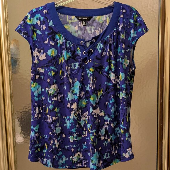3/$15** Ellen Tracy Royal Blue Print Blouse - Picture 1 of 7